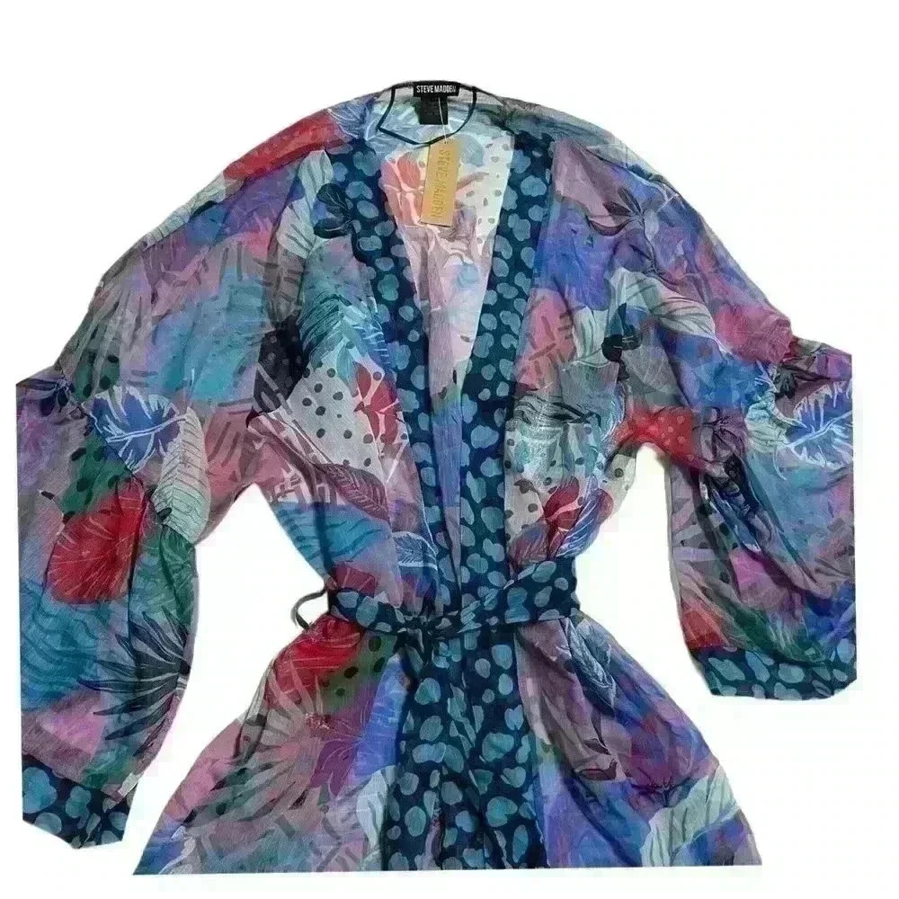 NWT Steve Madden Womens Tropical Jungle Tie Front Kimono Grap Blue Tropical OS - Picture 6 of 9